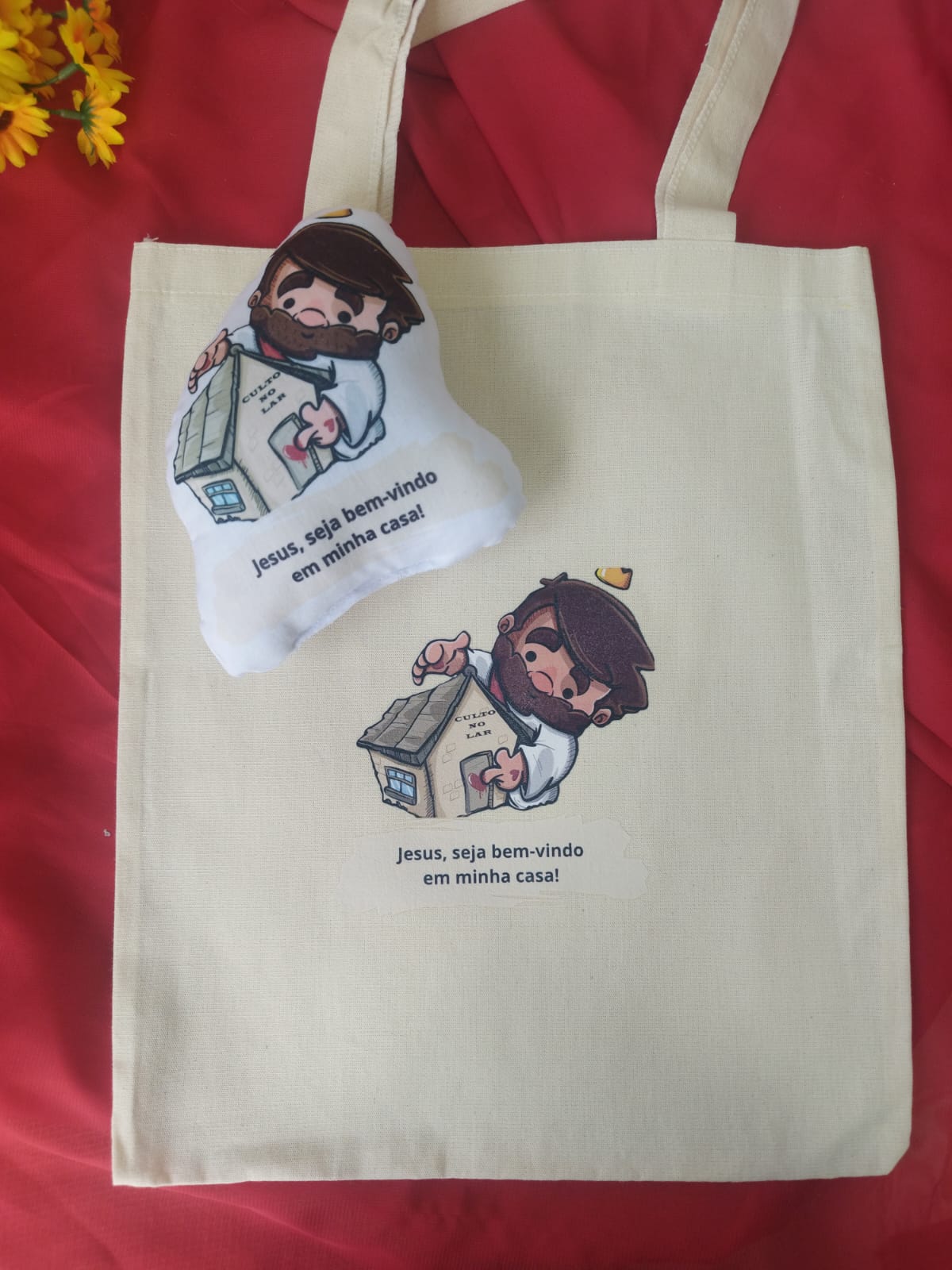 Kit mini almofada com ecobag em algodão